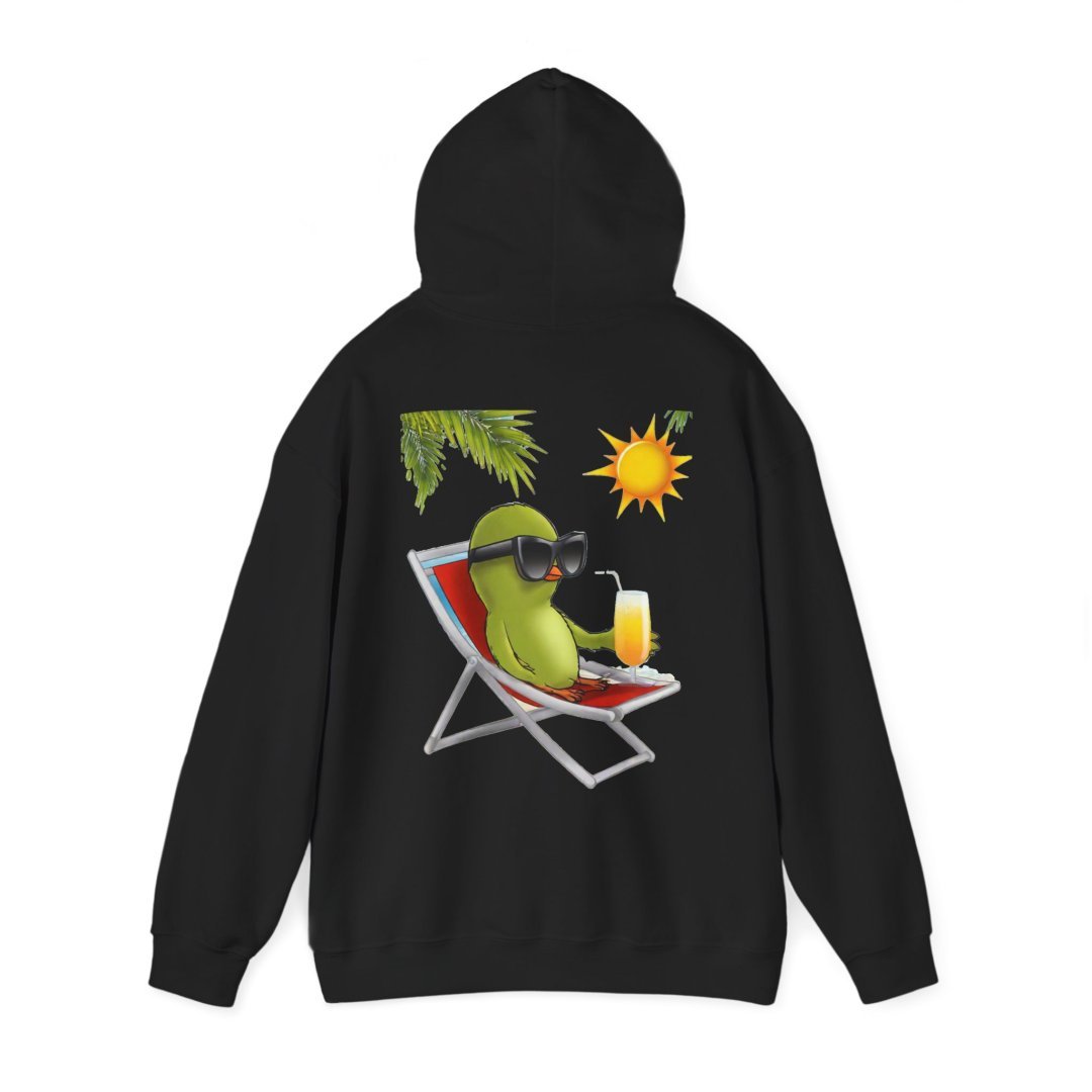 5499622996813384960_2048.jpeg Black hoodie with a cartoon parrot lounging on a chair, wearing sunglasses, under a sun.