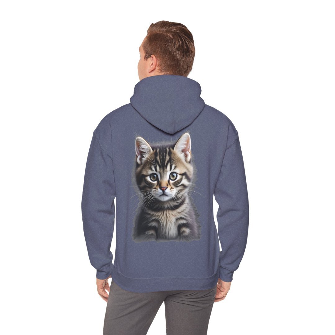 5536352427762636872_2048.jpeg Man wearing a hoodie with a kitten design on the back.