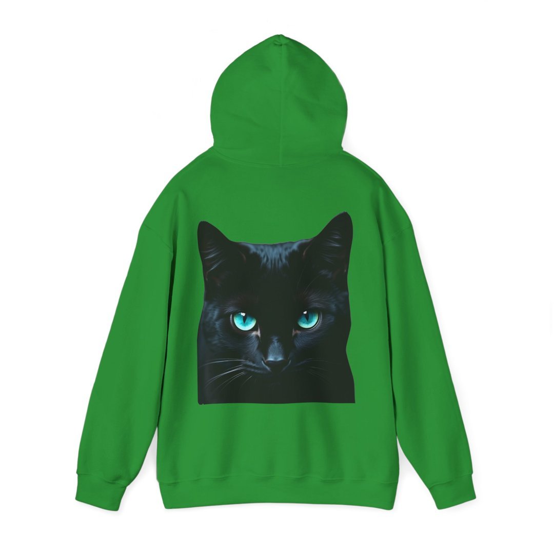 5673680680181563723_2048.jpeg Green hoodie with a black cat face and blue eyes on the back.