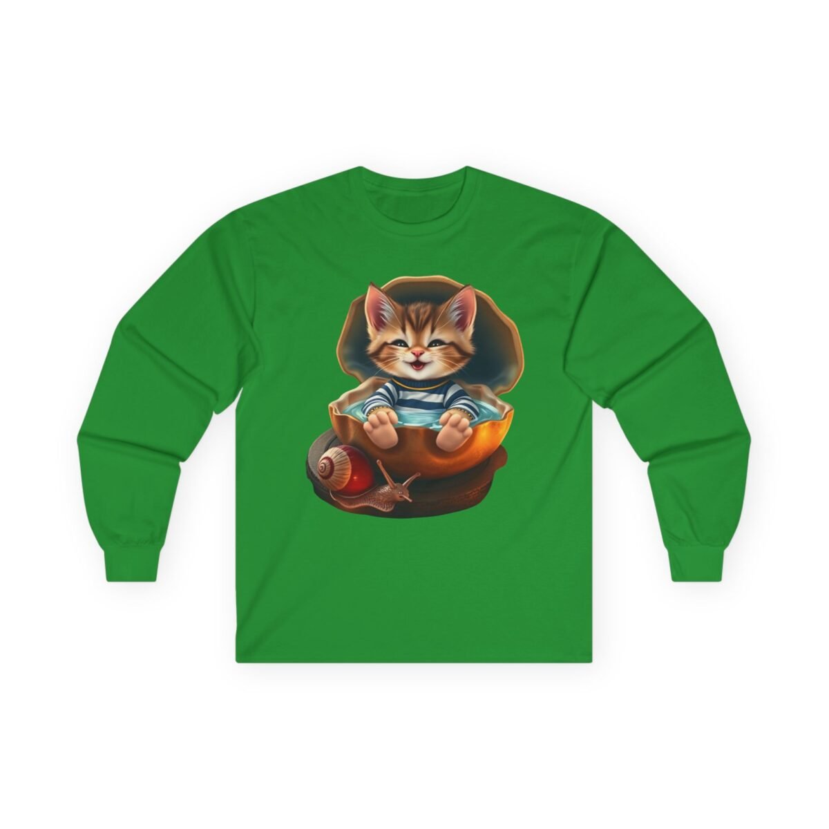 5674192015059812024_2048.jpeg Green long-sleeved shirt featuring a happy kitten in a seashell bath with a snail.