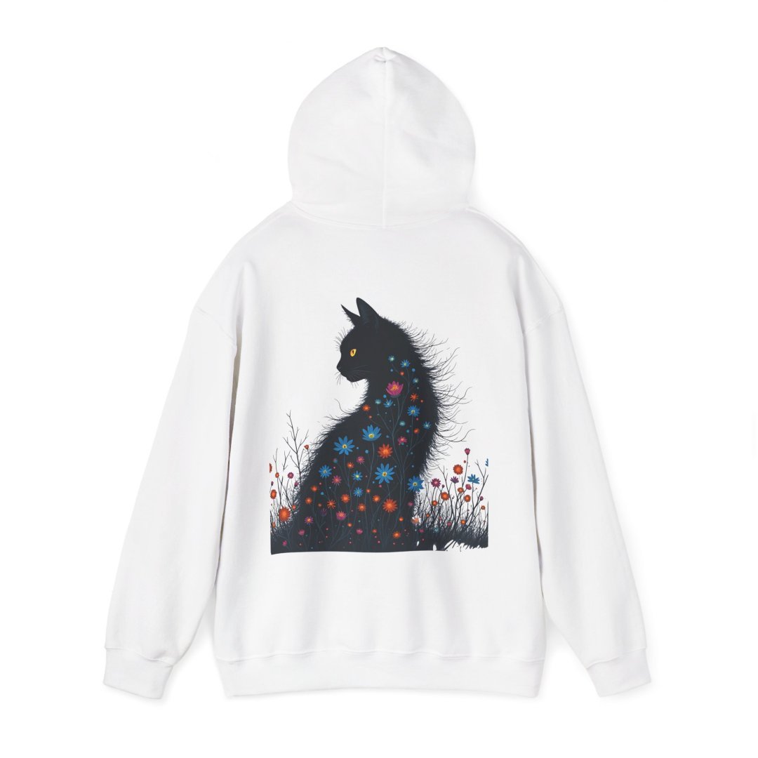 5807040346431935478_2048.jpeg White hoodie with a black cat silhouette and colorful flowers.