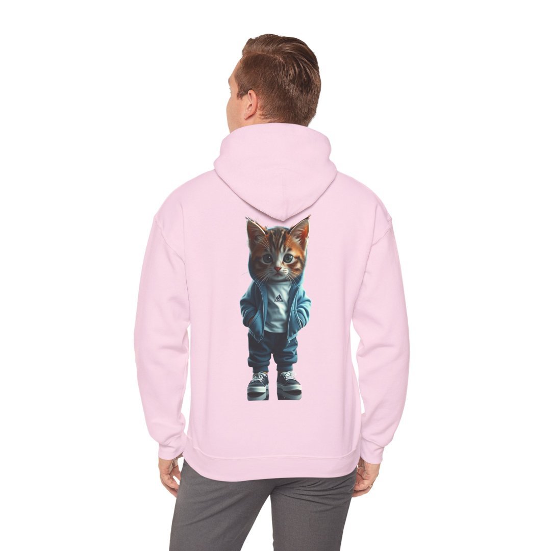5859520894193011608_2048.jpeg Man wearing a pink hoodie with a graphic of a cat in a jacket on the back.