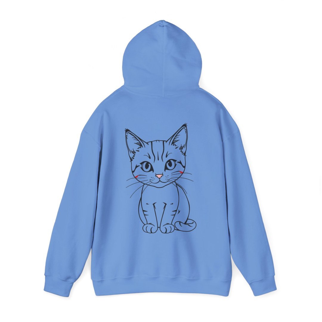 5948706649947427464_2048.jpeg Blue hoodie with a cute cat illustration on the back.