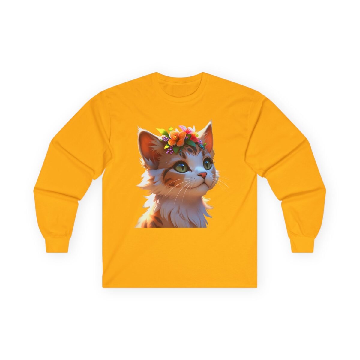6077275122524306446_2048-1.jpeg Gold long-sleeve shirt featuring an illustration of a cat with a flower crown.