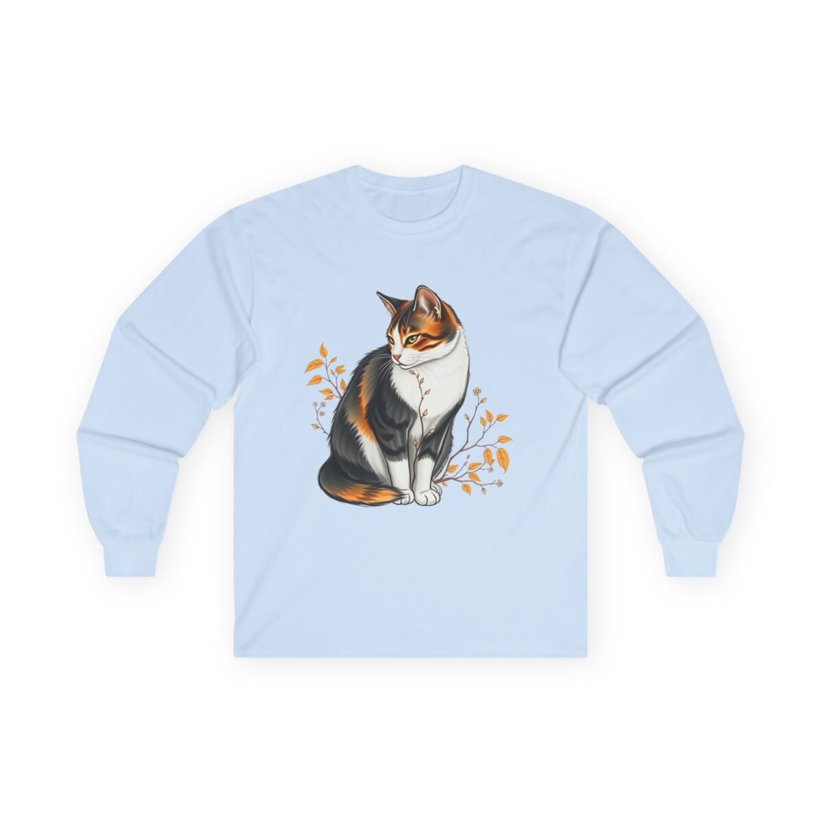 6205051799226277137_2048.jpeg Light blue long-sleeve shirt with calico cat and autumn leaf design.