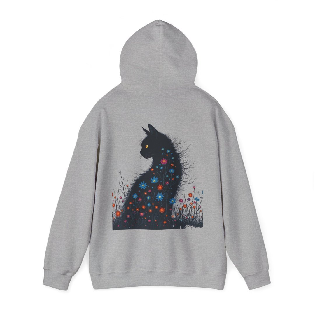 6274700752973303437_2048.jpeg Gray hoodie with a black cat and colorful flowers design on the back.
