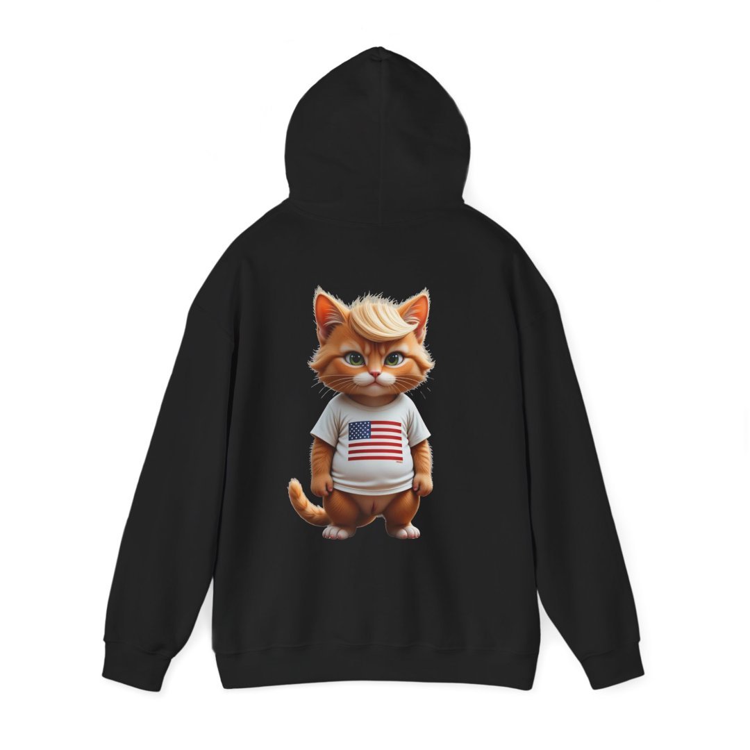 6286160506030944164_2048.jpeg Black hoodie with a cartoon cat wearing a USA flag shirt.