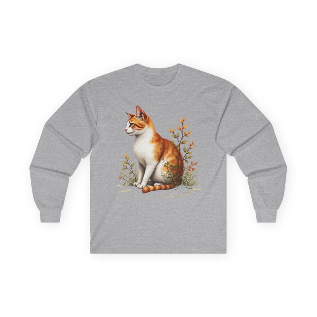 6298650410666847977_2048.jpeg Grey long-sleeved shirt with an illustration of an orange and white cat among plants.