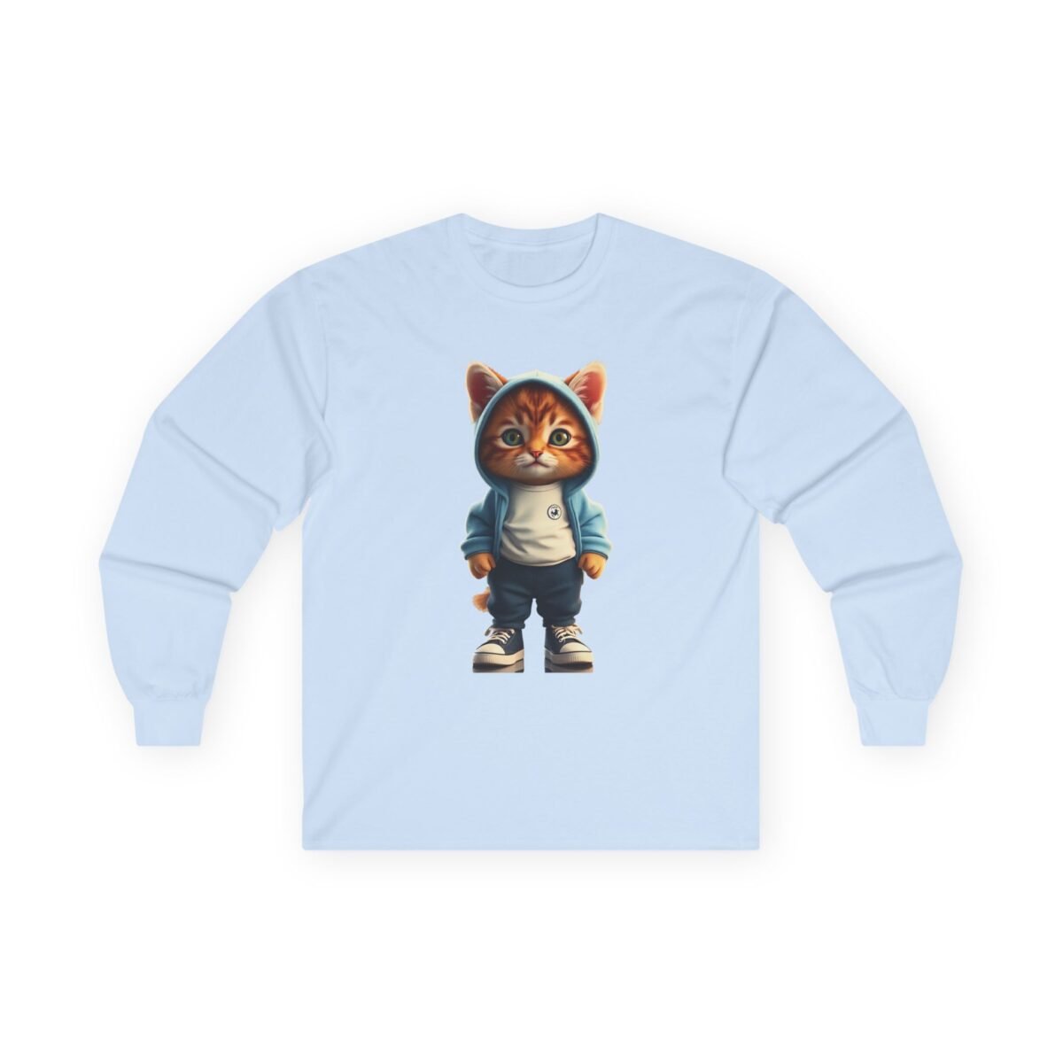 6394054176387918920_2048-1.jpeg Light blue long-sleeve shirt featuring a cartoon cat in a blue hoodie and sneakers.