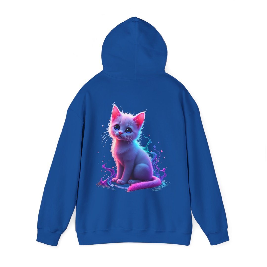 6444099790053590716_2048.jpeg Blue hoodie with a colorful, glowing kitten illustration on the back.