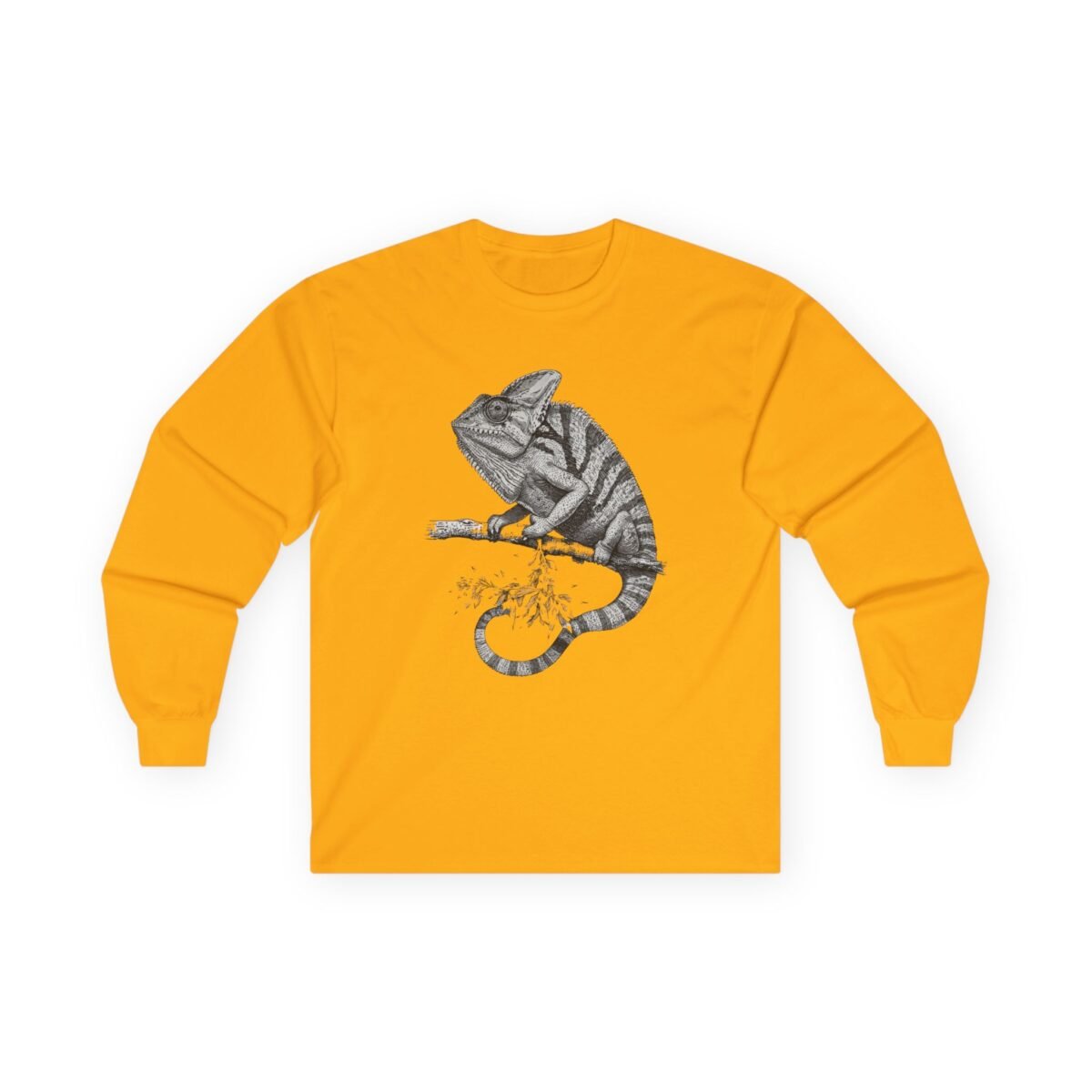 6629927959825463416_2048.jpeg Yellow long-sleeve t-shirt with a black and white illustration of a chameleon on a branch.