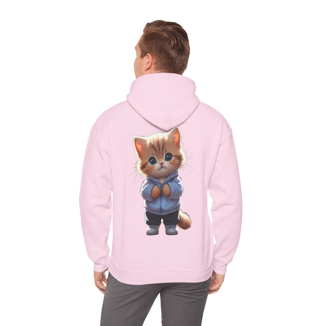 6645341452666666272_2048.jpeg Man wearing a pink hoodie with a cute kitten graphic on the back.