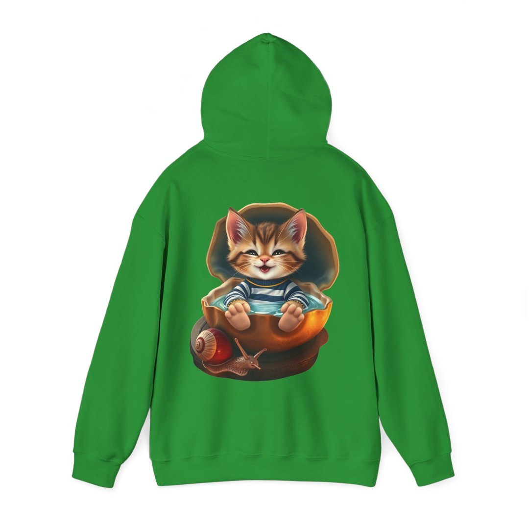 6680917568813597027_2048.jpeg Green hoodie with a cute kitten and snail design on the back.