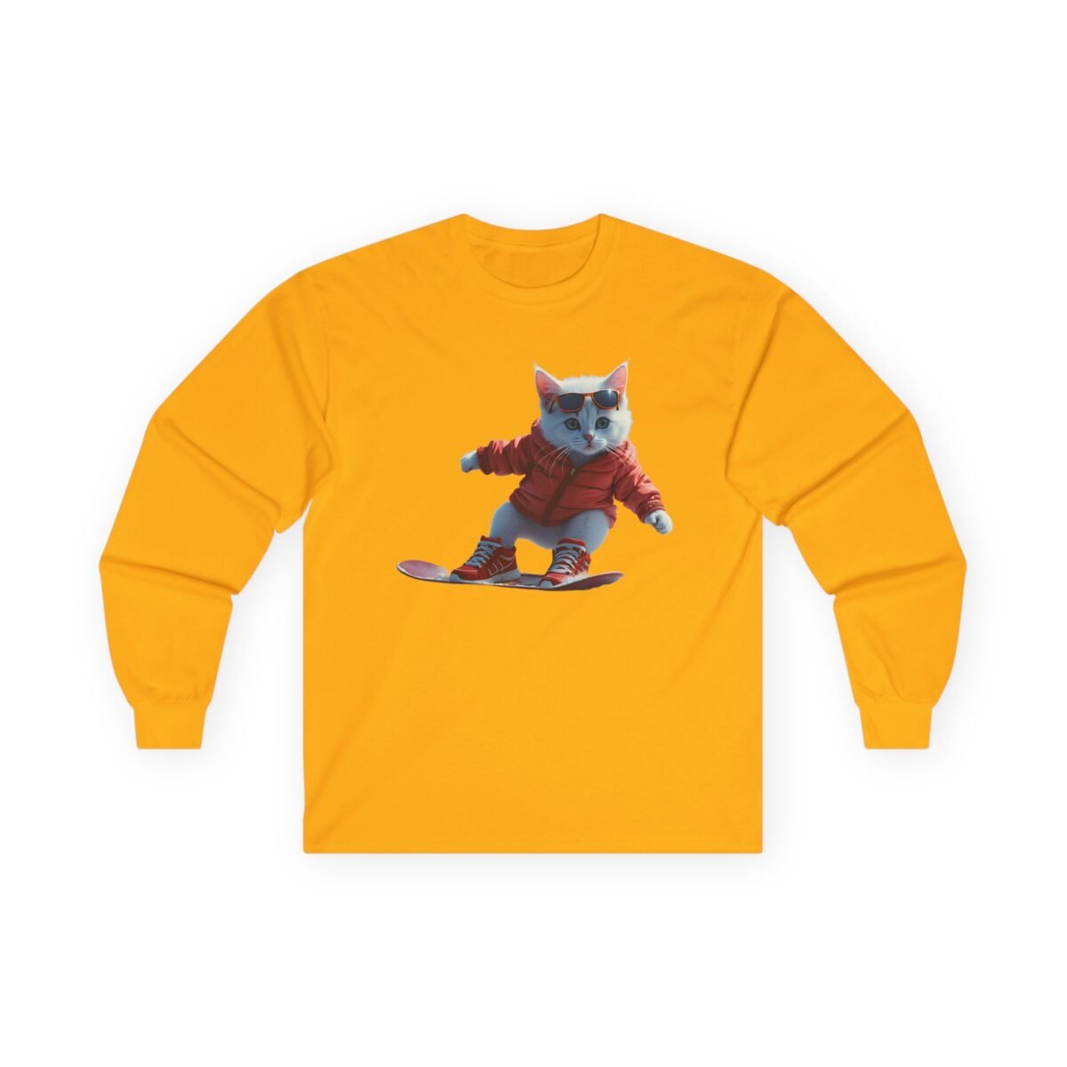 6760240339210149929_2048.jpeg Yellow long-sleeve t-shirt with a graphic of a white cat in a red jacket and sunglasses snowboarding.