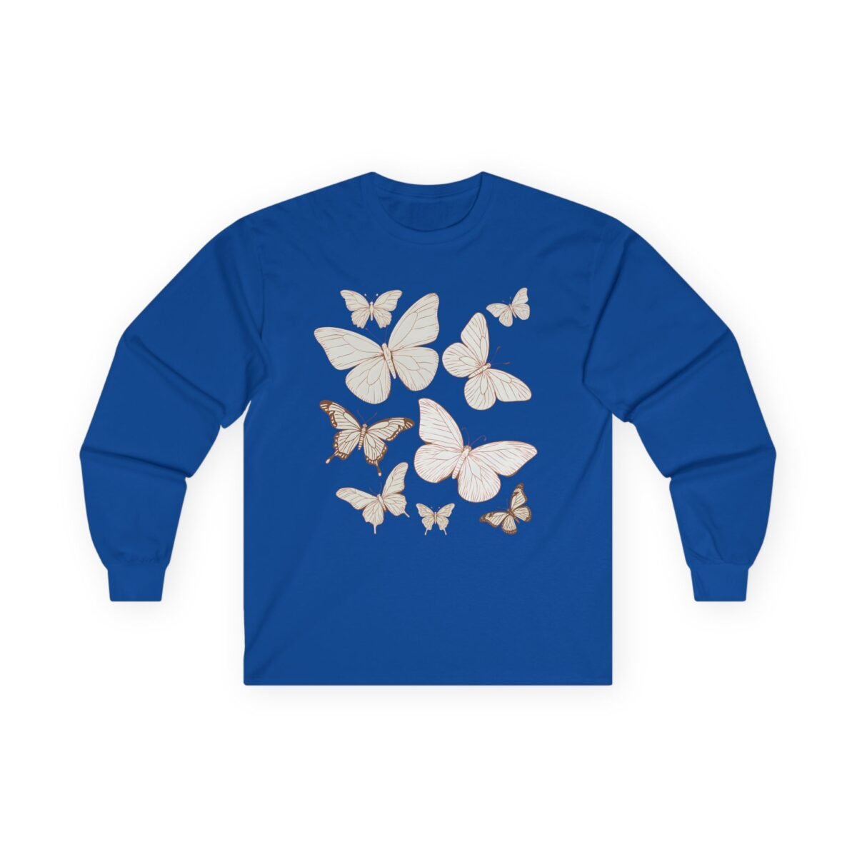 6779809291412442574_2048.jpeg Blue long-sleeve shirt with a scattered design of white and brown butterflies.