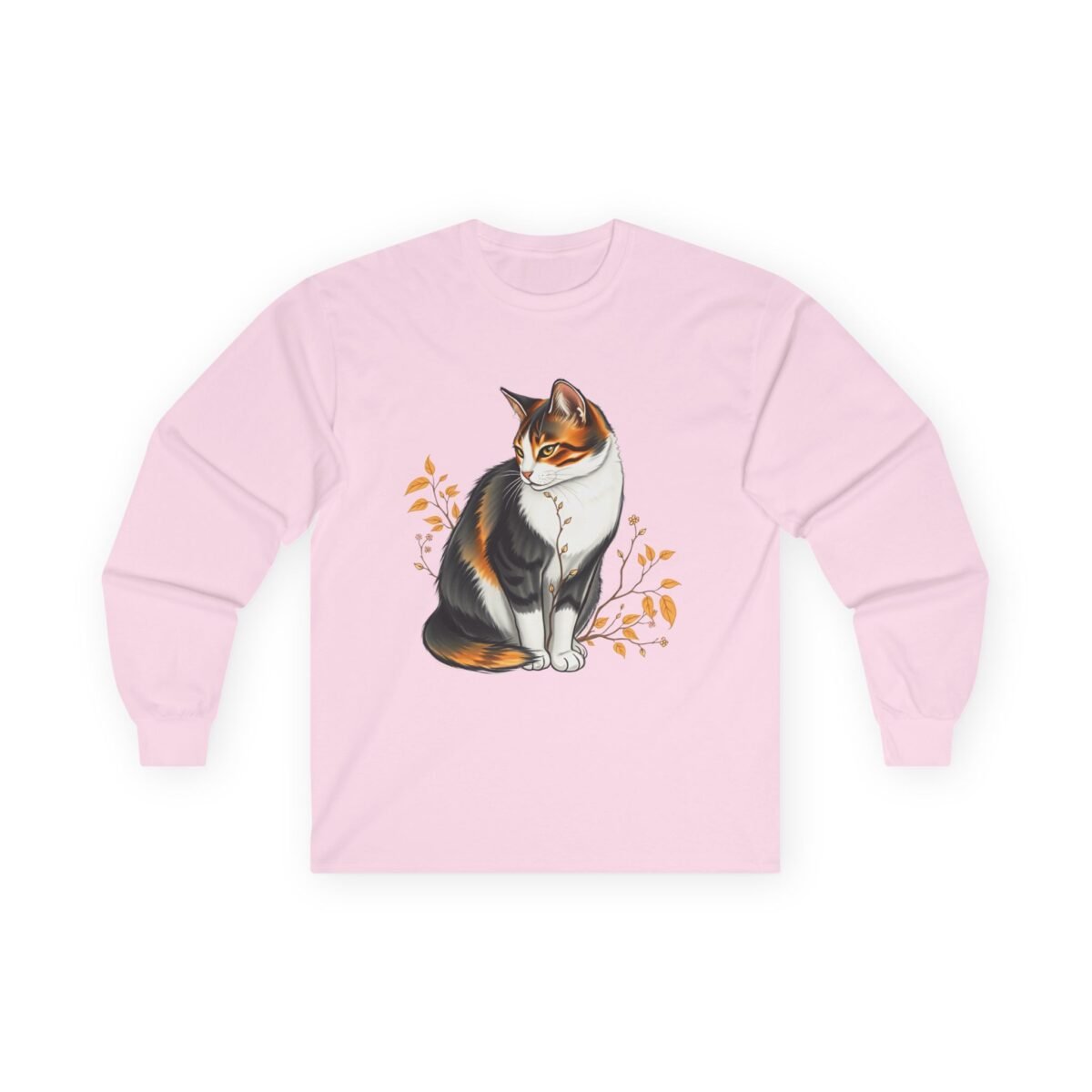 6784558656394751582_2048.jpeg Calico cat illustration with autumn leaves on a pink long-sleeve shirt.