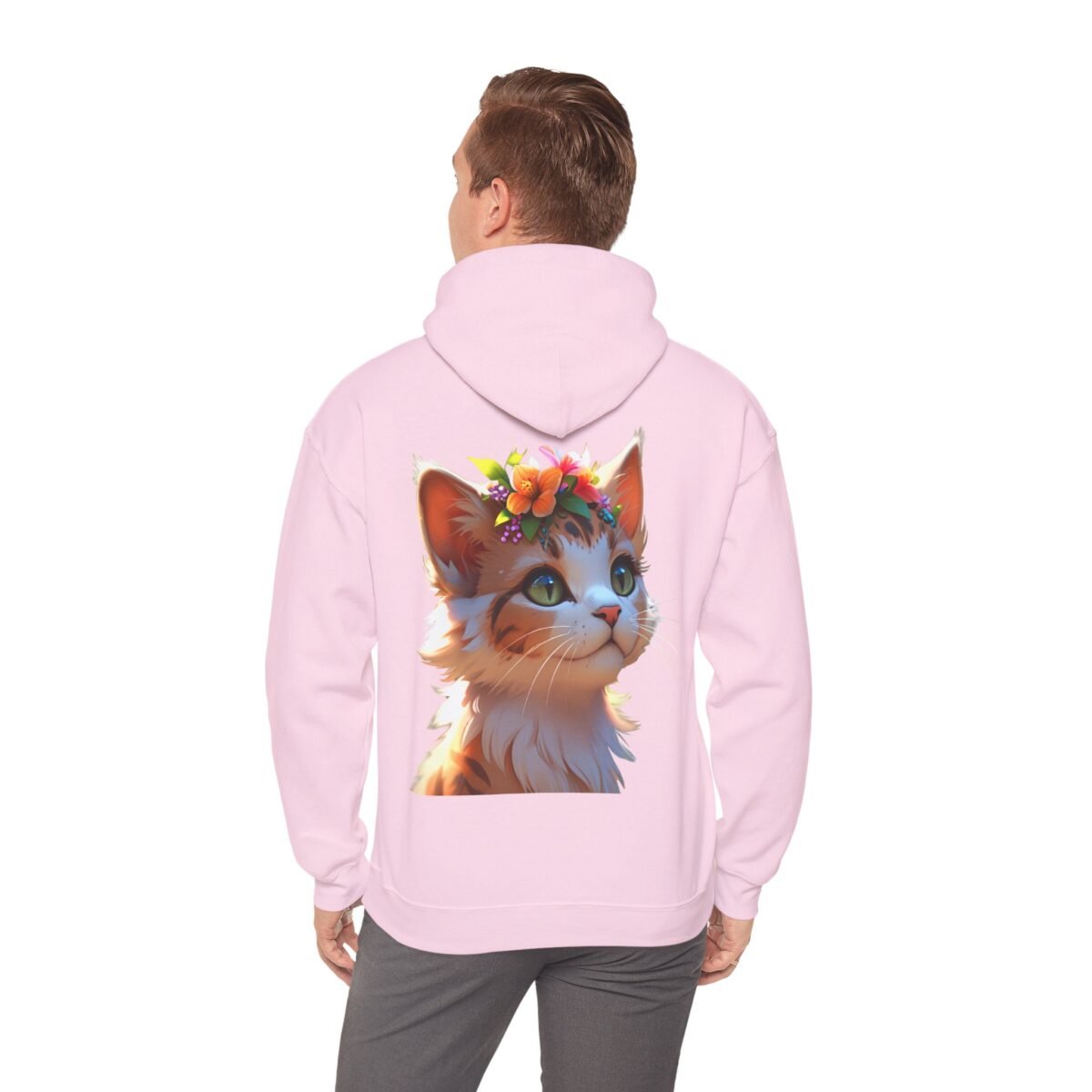 6827310294190133639_2048.jpeg Pink hoodie with a cartoon tabby cat wearing a flower crown printed on the back.