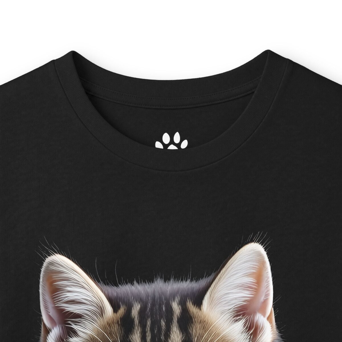 6901135717475080357_2048-1.jpeg Black t-shirt featuring a cat's head design and a paw print logo on the collar.