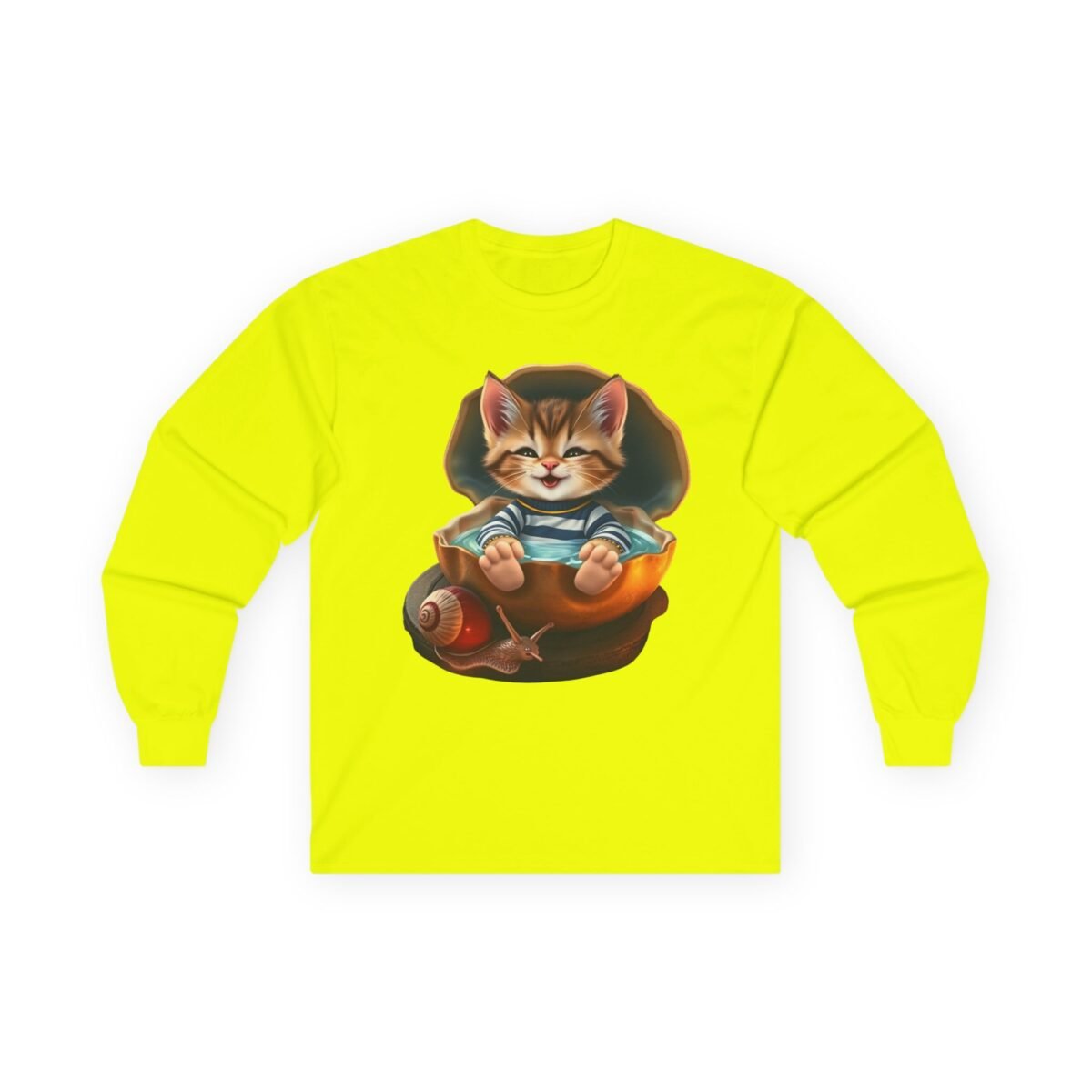 6942311391143333197_2048.jpeg Yellow long-sleeve shirt with a graphic of a happy kitten bathing in a clam shell next to a snail.