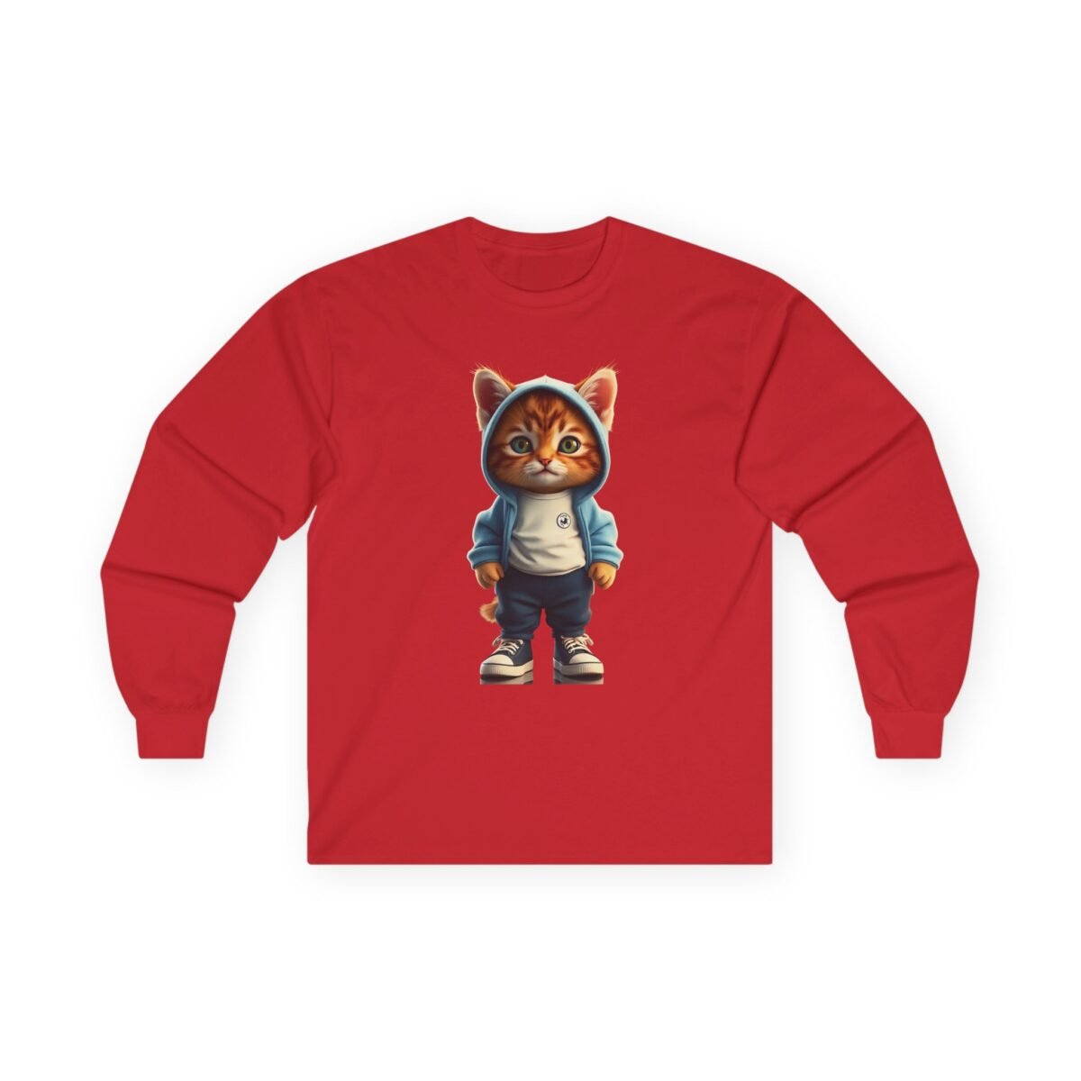 7047629581657583152_2048-1.jpeg Red long-sleeve shirt with a cartoon ginger cat wearing a blue hoodie, jeans, and sneakers.