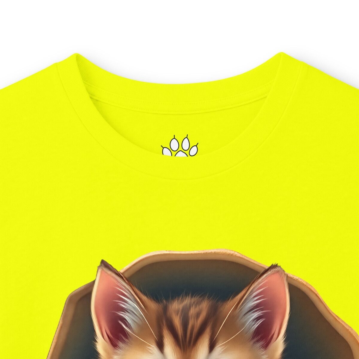 7077289066002438203_2048.jpeg Bright yellow t-shirt with a paw print logo and a peeking cat's head.