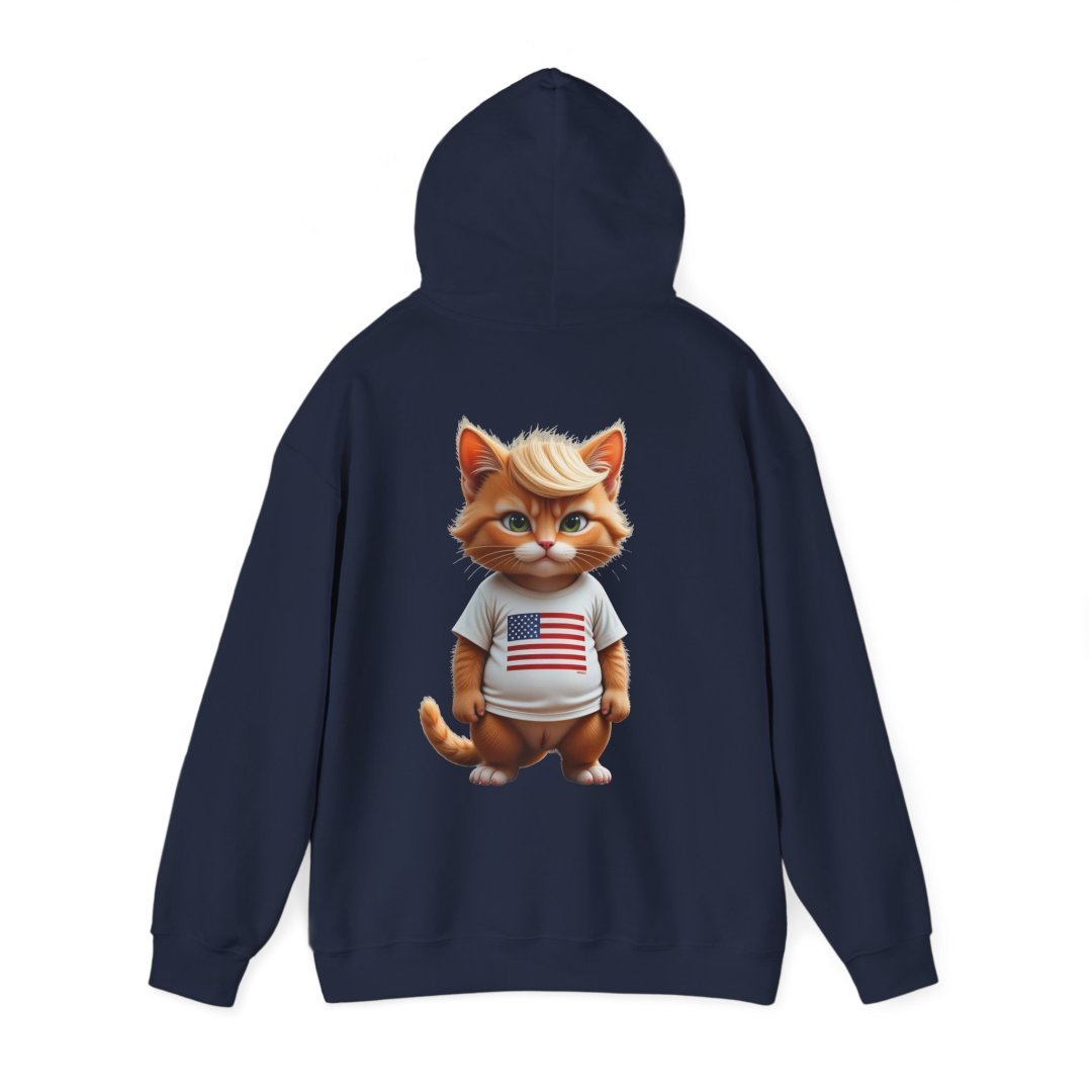 7078481423521350513_2048.jpeg Navy hoodie with a cartoon cat wearing a shirt with an American flag.