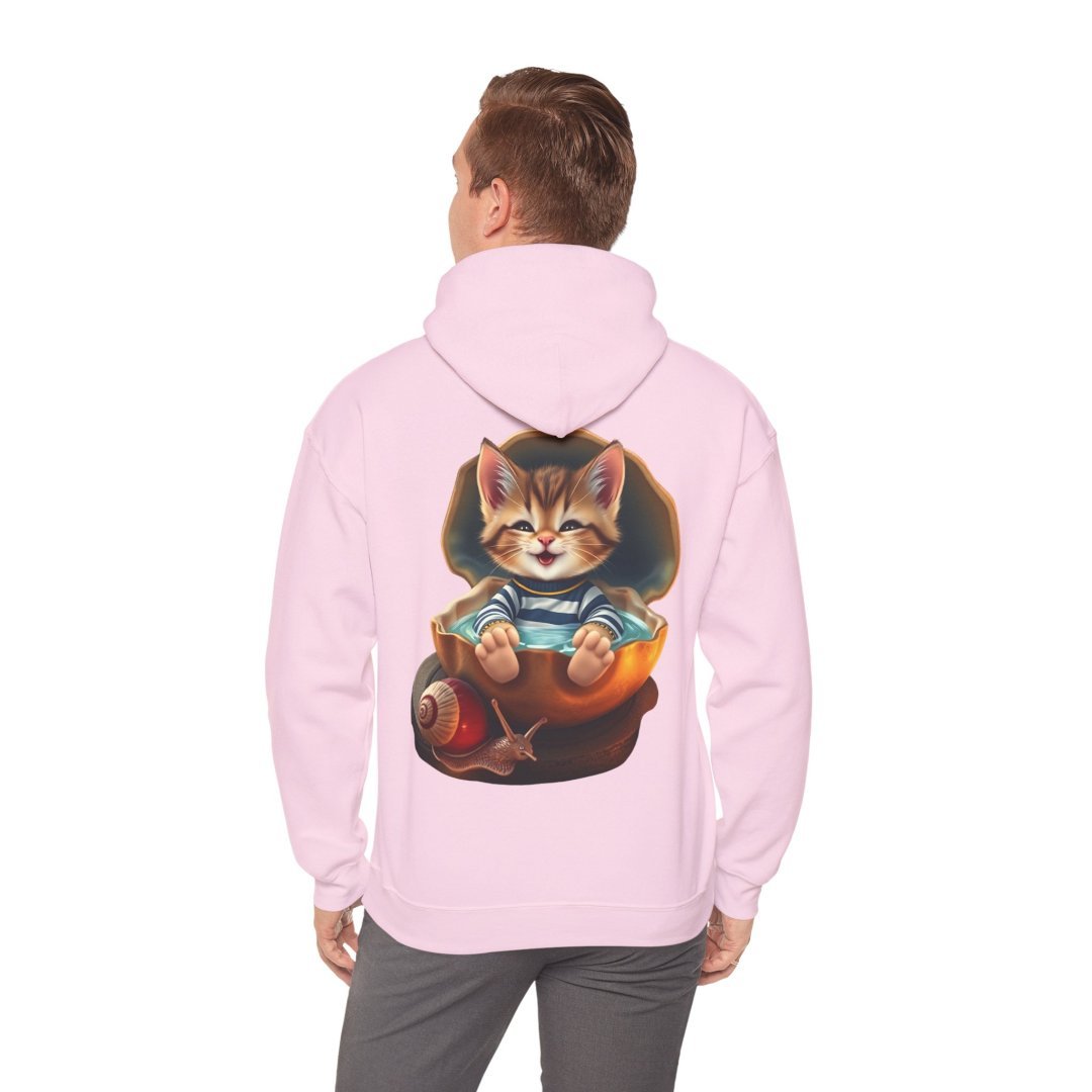 7187321398476156047_2048.jpeg Man wearing a pink hoodie with a cute cat and snail design on the back.