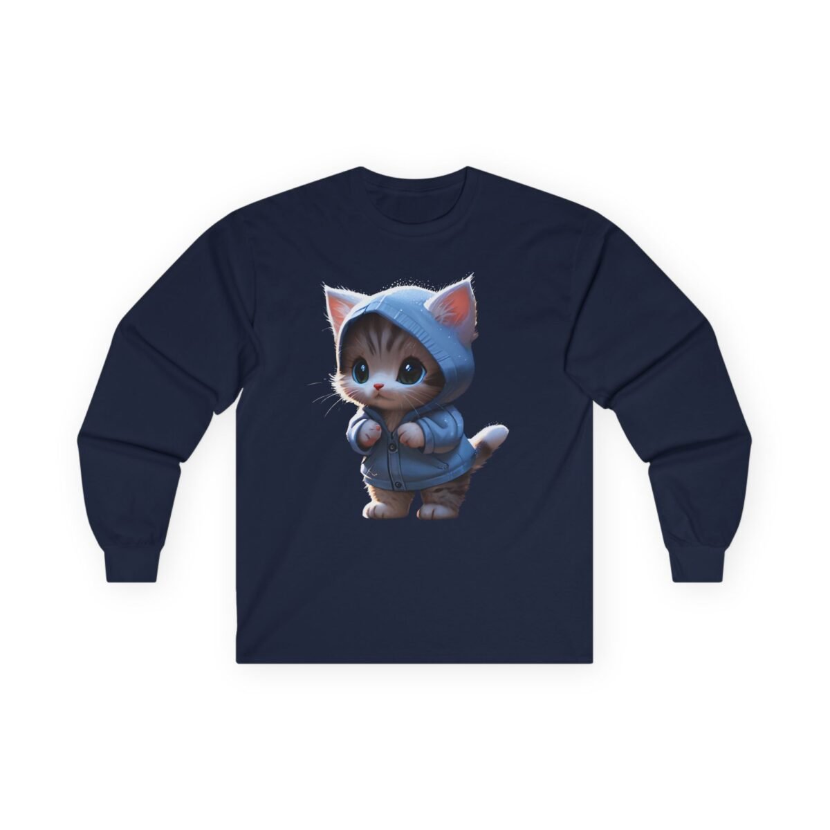 7216573730587868400_2048.jpeg Dark blue long-sleeve t-shirt with an adorable cartoon kitten wearing a light blue hoodie.