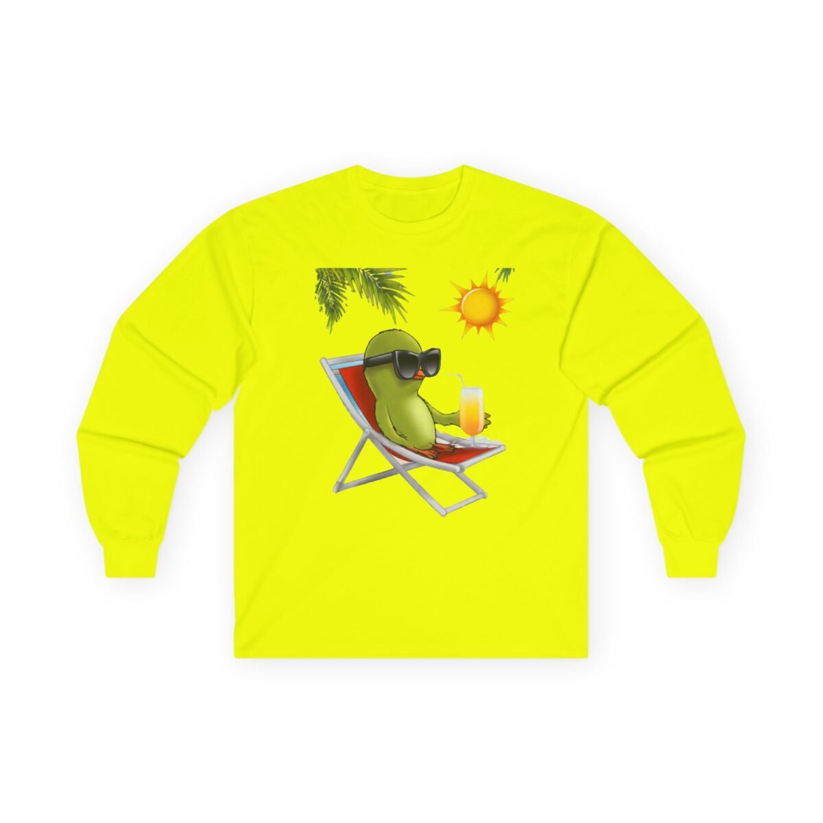7216937698754011182_2048.jpeg Neon yellow long-sleeve shirt with a cartoon green bird wearing sunglasses, relaxing in a beach chair with a drink.