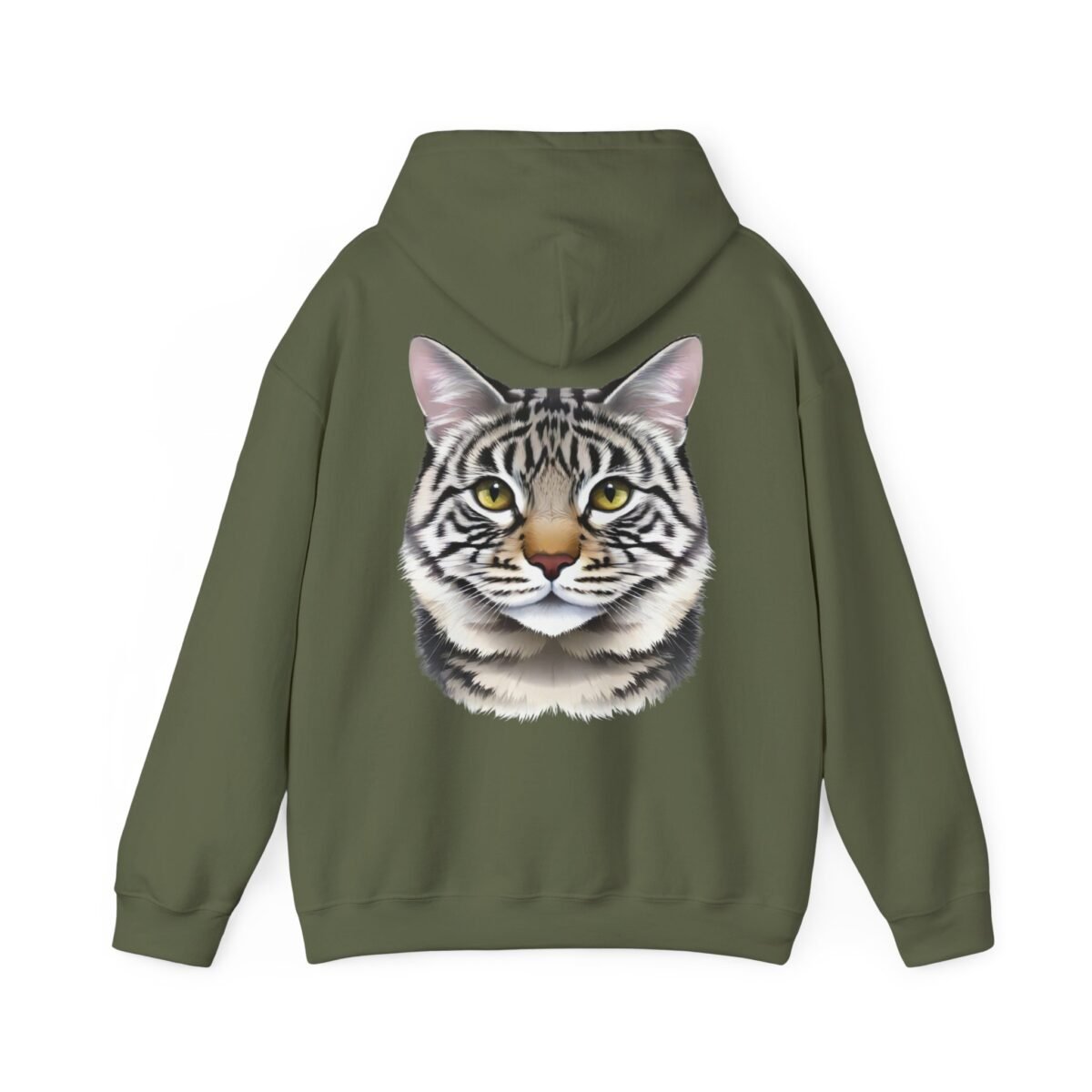 7306888255330341761_2048.jpeg Dark green hoodie with a realistic tabby cat face and yellow eyes on the back.