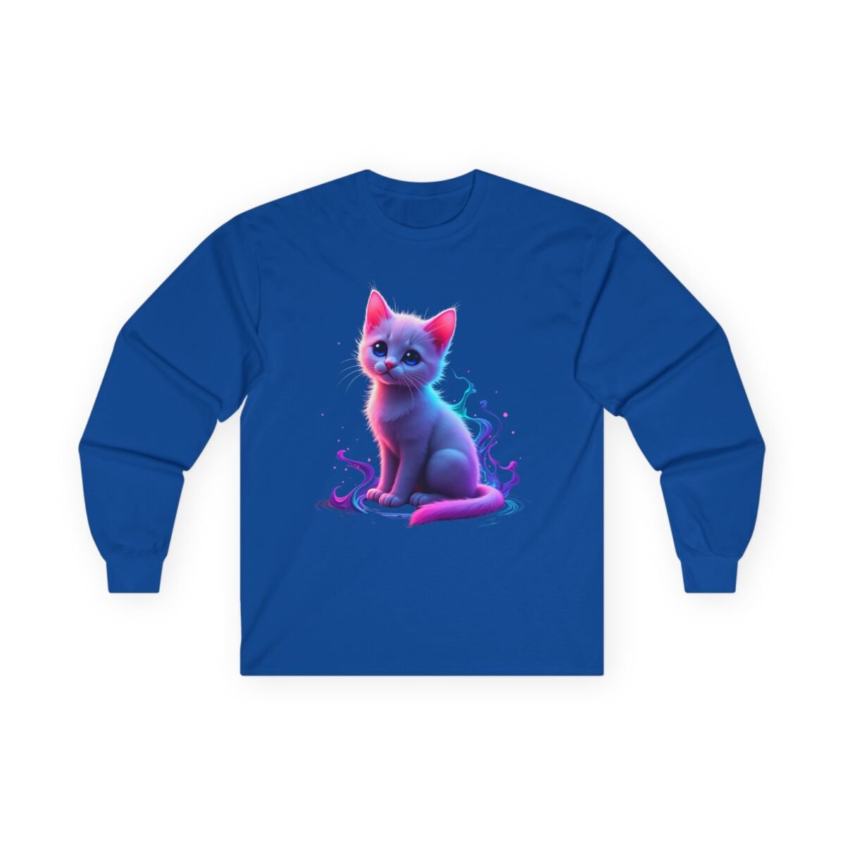 7357640029969716016_2048.jpeg Blue long-sleeve shirt with a glowing pastel kitten surrounded by colorful swirls.