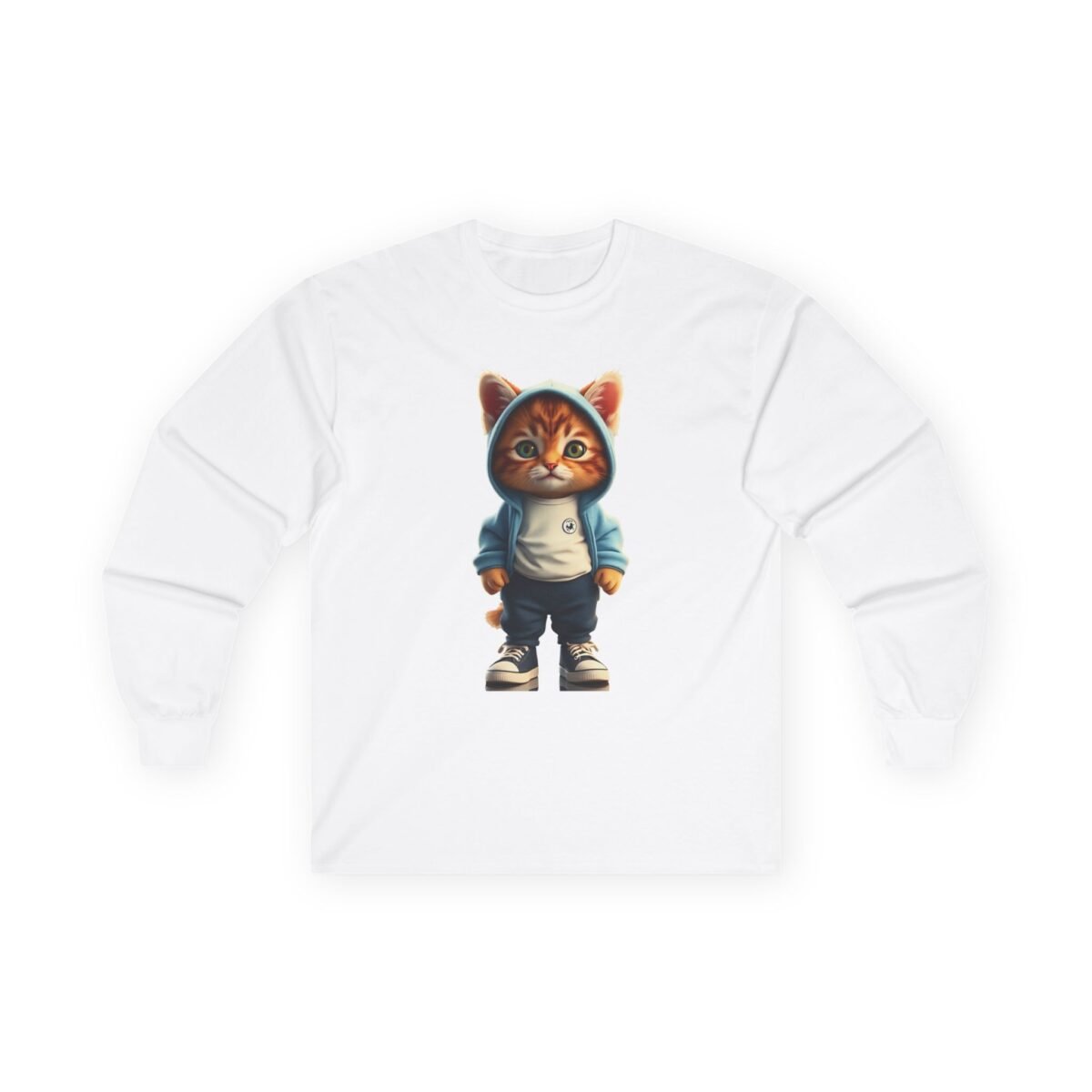 7359414012496571608_2048-1.jpeg White long-sleeve shirt with a cartoon ginger cat wearing a blue hoodie, jeans, and sneakers.