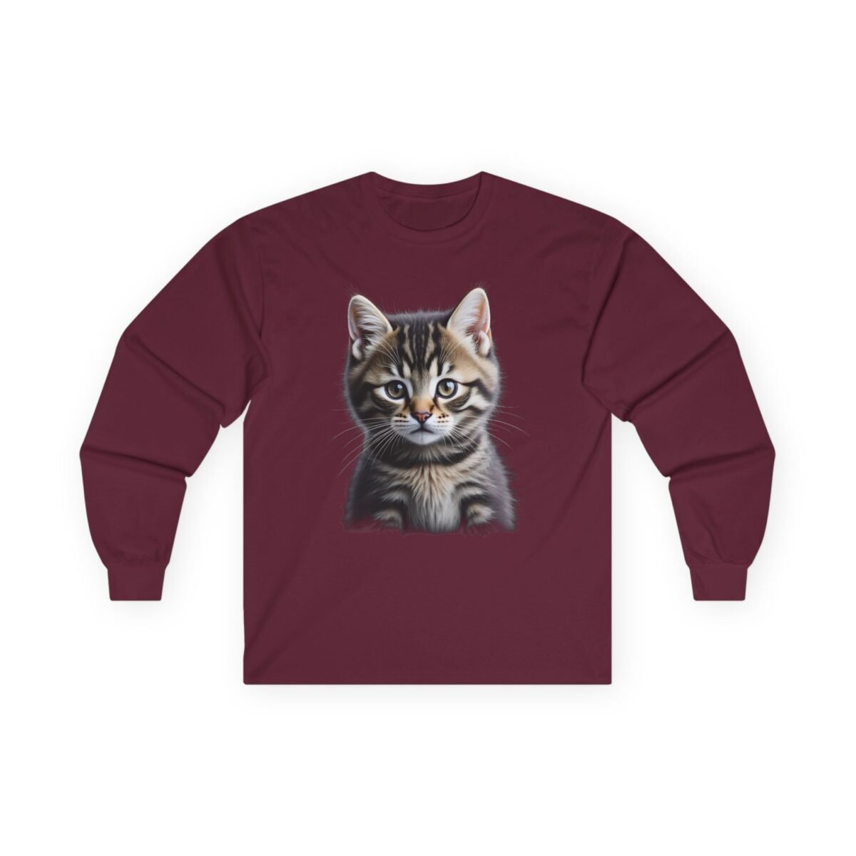 7374551001616136199_2048-1.jpeg Maroon long-sleeved shirt with a cute tabby kitten graphic.
