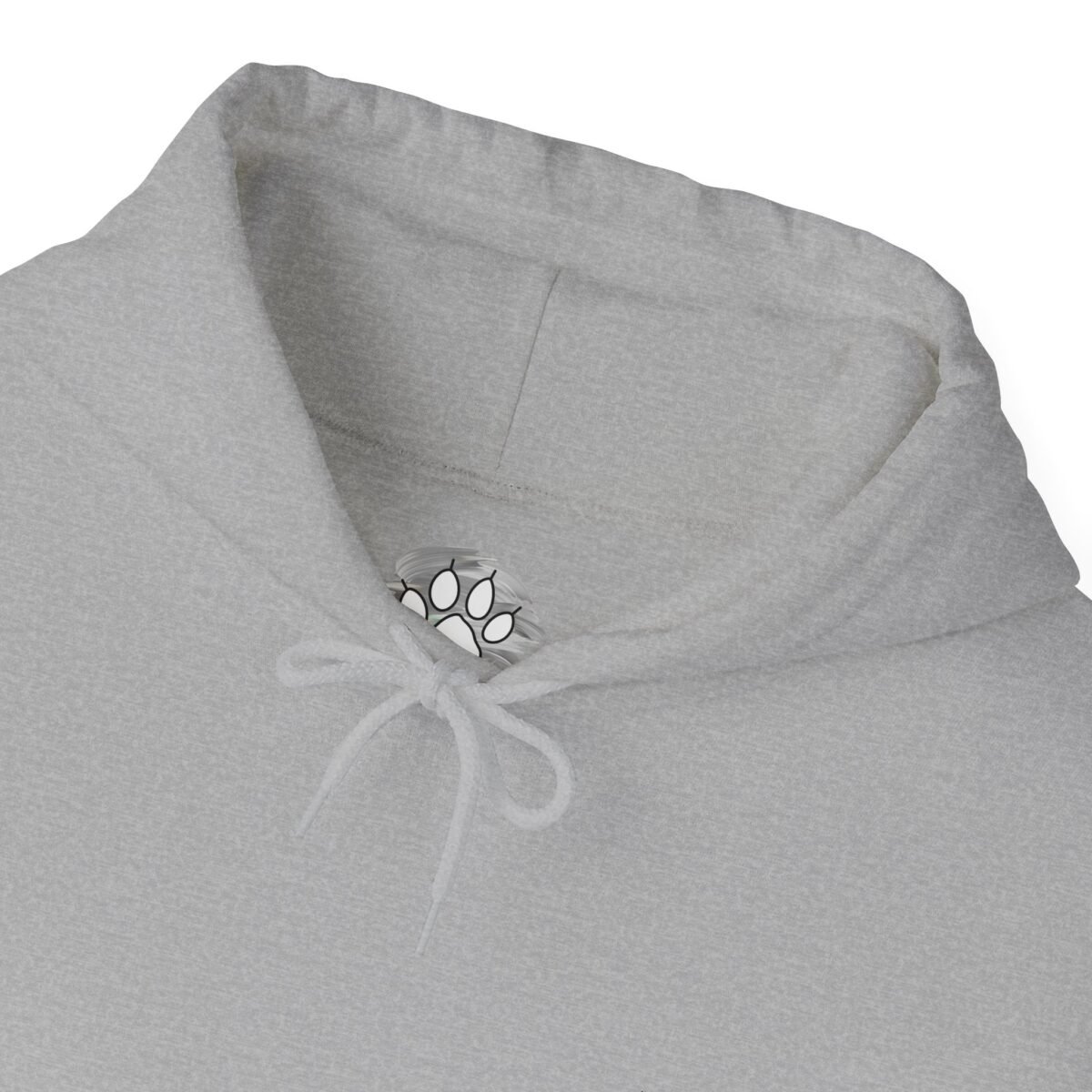 7426838743383379561_2048.jpeg Light gray hoodie with a paw print tag and white drawstring.