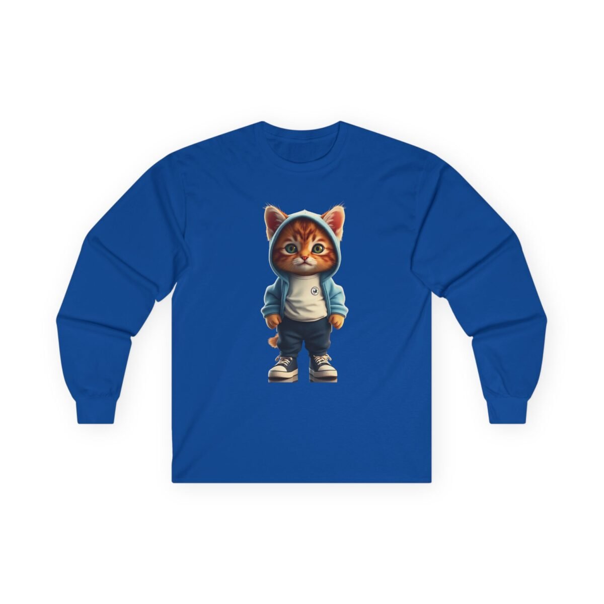7570076232594774568_2048-1.jpeg Blue long-sleeve shirt with a cartoon cat wearing a light blue hoodie, blue jeans, and sneakers.