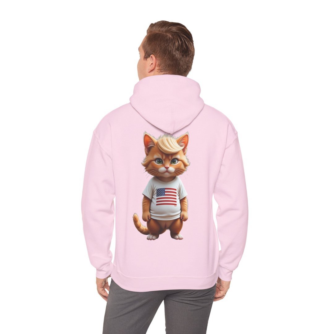7612526302456784741_2048.jpeg Man wearing pink hoodie with cartoon cat in American flag shirt.