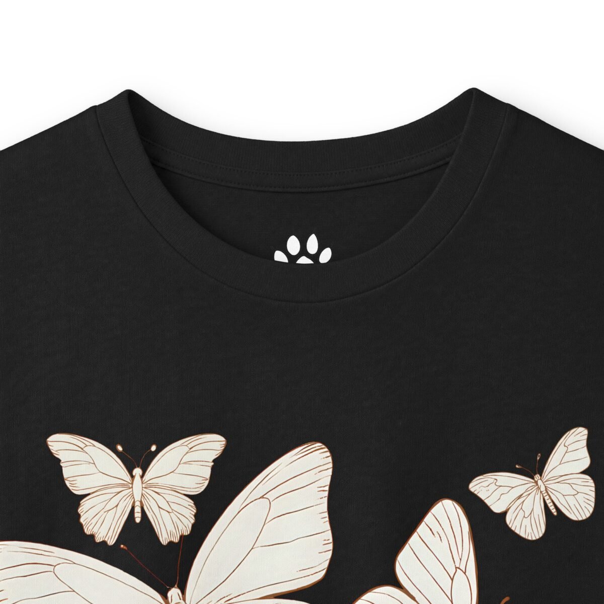 7618269534422739592_2048.jpeg Black t-shirt with a white paw print logo inside the collar and white and brown butterfly designs.