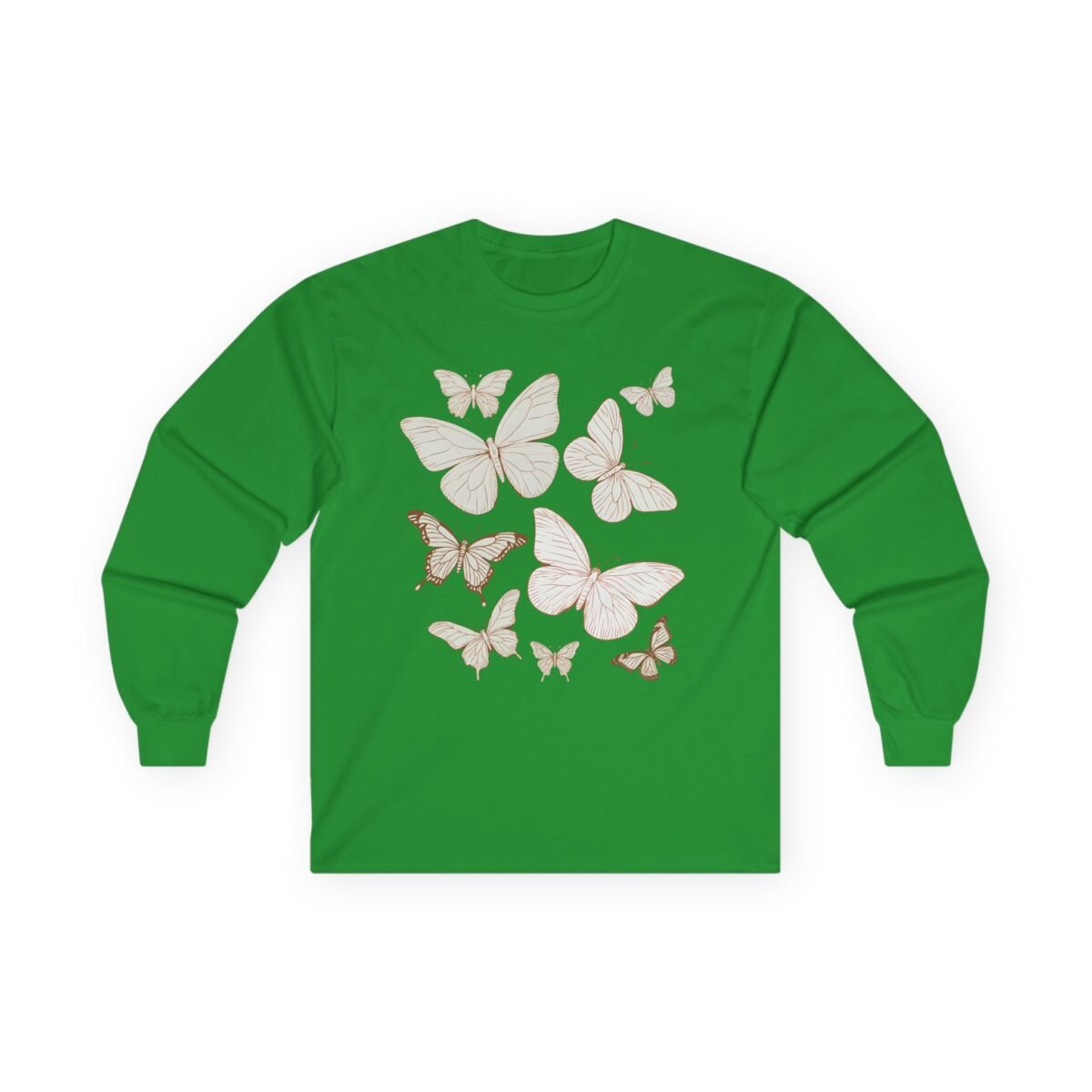 7635853617569941013_2048.jpeg Green long-sleeved shirt with white butterfly graphics.
