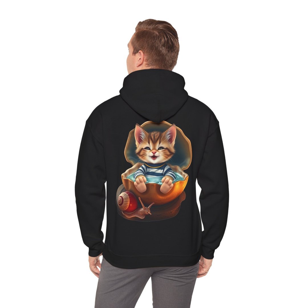 765311748508600612_2048.jpeg Man wearing a hoodie with a cute kitten and snail design on the back.