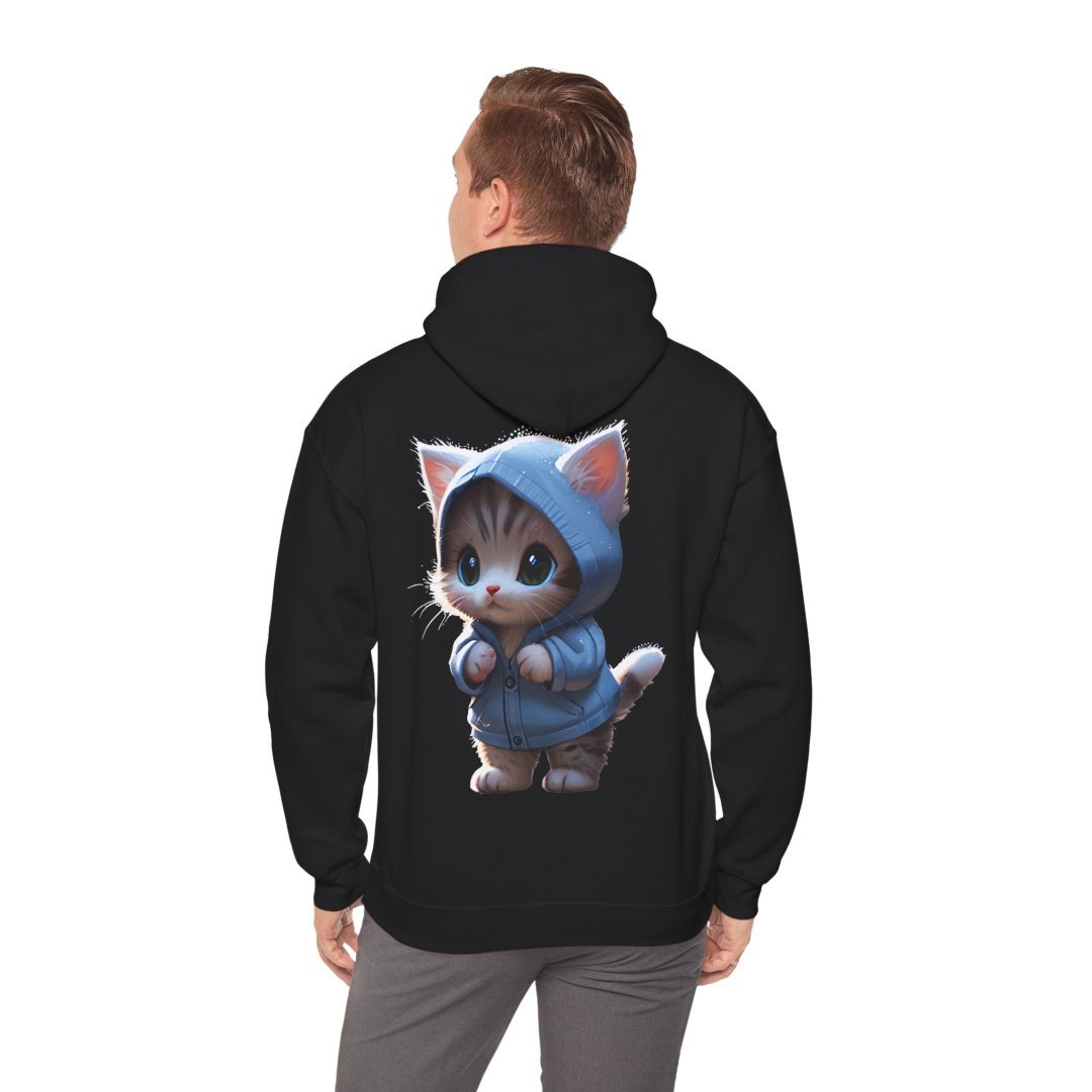 7660822718314166371_2048.jpeg Man wearing a black hoodie with a cute kitten in a blue hoodie design on the back.