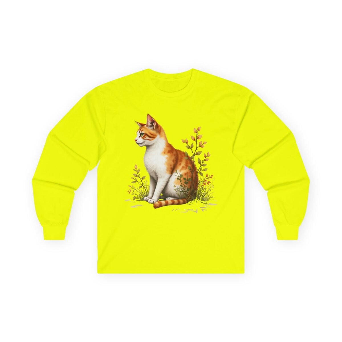 7661355826741317032_2048.jpeg Neon yellow long-sleeve shirt with an orange and white cat sitting among plants.