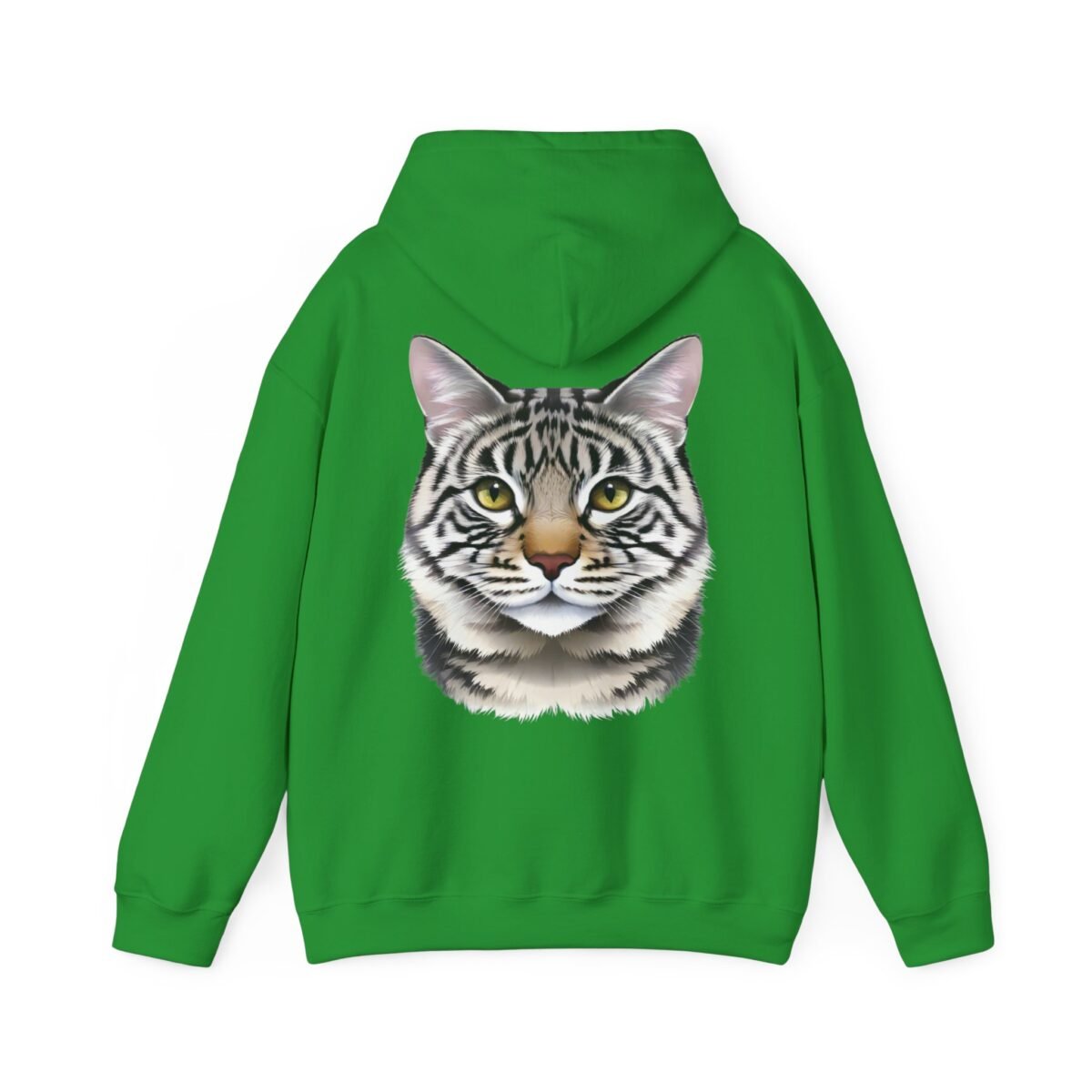 7736278594986905233_2048.jpeg Green hoodie featuring a large tabby cat face on the back.