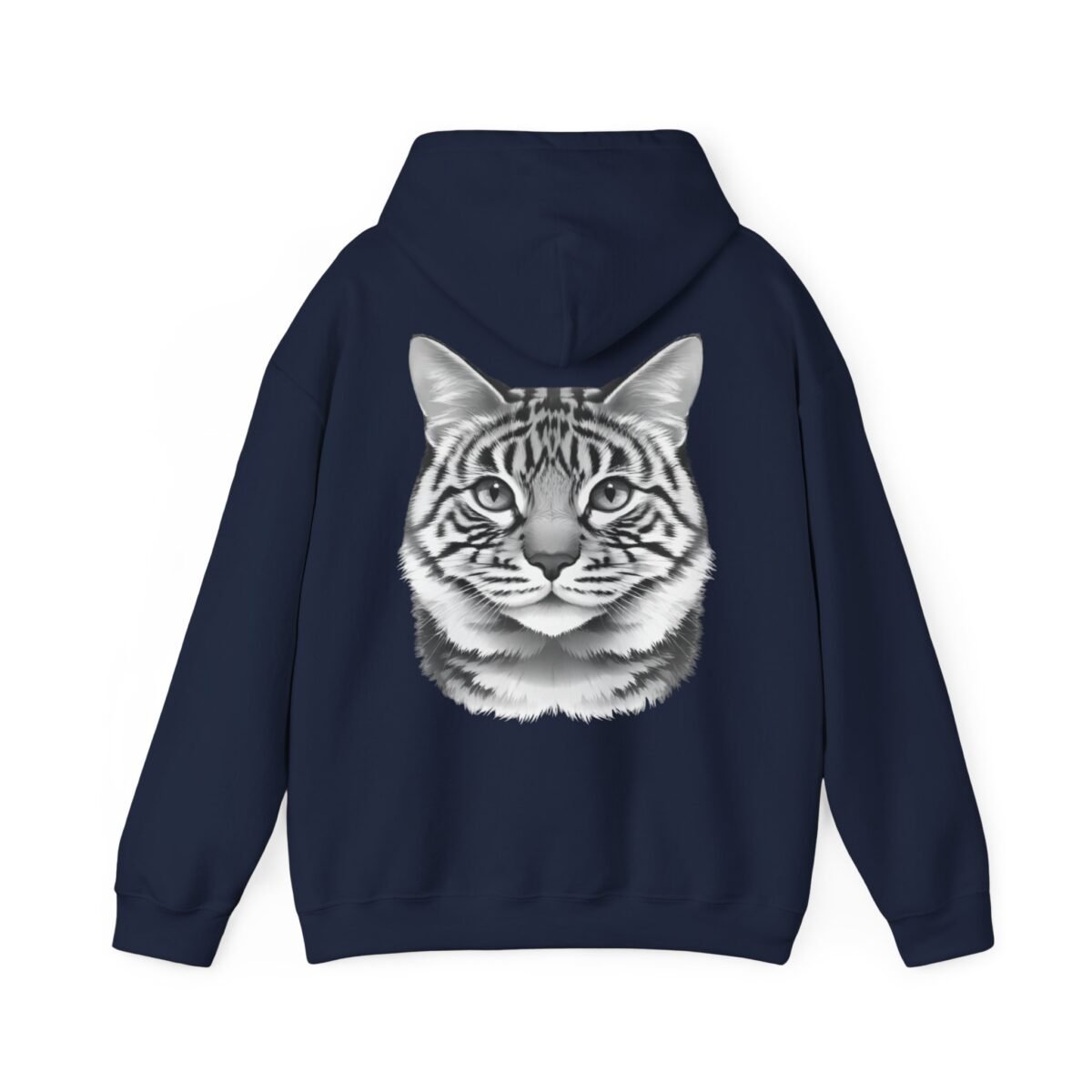 7751984970903786061_2048.jpeg Navy blue hoodie with a striped grayscale cat head design on the back.