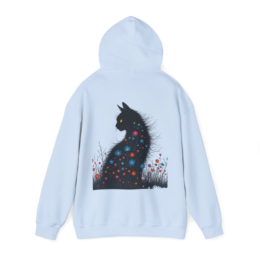 7781584691527967149_2048.jpeg Light blue hoodie with a black cat and colorful flowers design on the back.