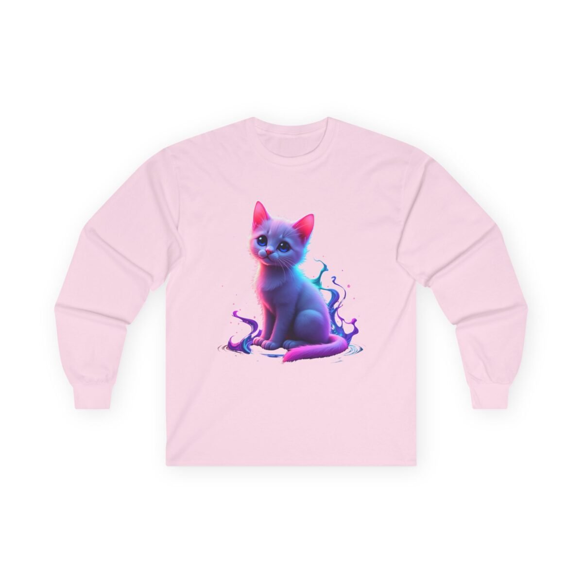 7830114082883275091_2048.jpeg Pink long-sleeve shirt with an adorable, glowing blue and pink kitten graphic.