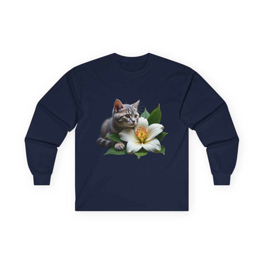7843949934932789086_2048.jpeg Dark blue long-sleeve shirt with a kitten and white lily graphic.