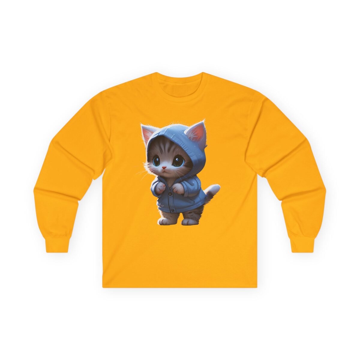 7917429658263893315_2048.jpeg Gold long-sleeve shirt featuring a cute kitten in a blue hooded jacket.