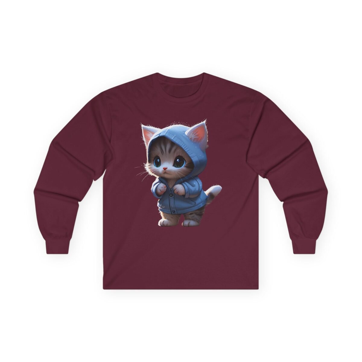 7987986103136598776_2048.jpeg Maroon long-sleeve shirt with a cute kitten wearing a blue hoodie.