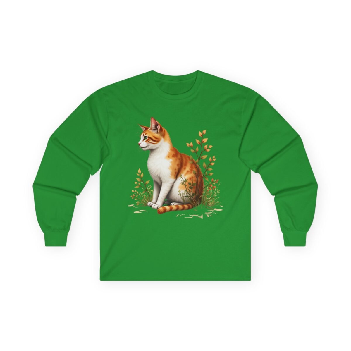 8012054256497916791_2048.jpeg Green long-sleeve shirt with an orange and white cat graphic.