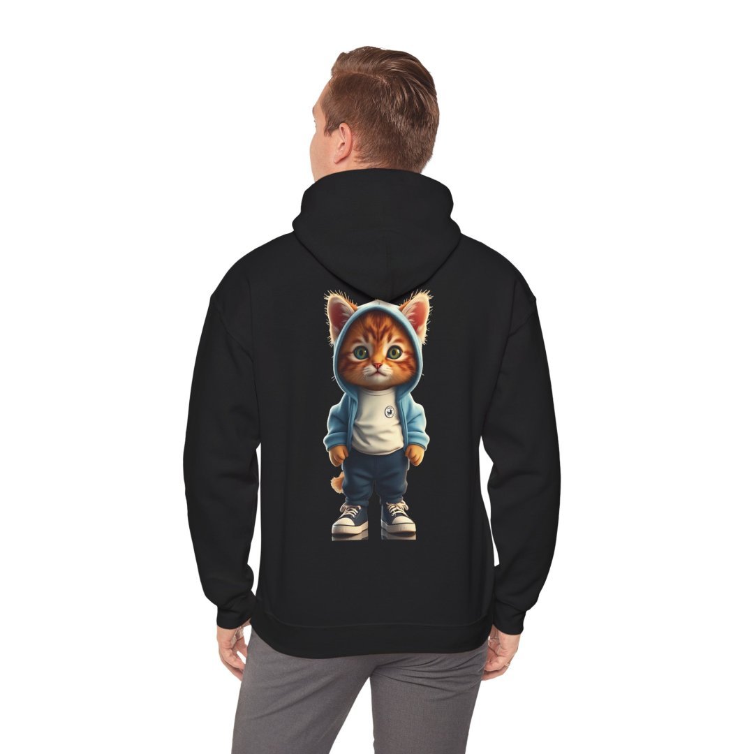 8030180772469933273_2048.jpeg Man wearing a black hoodie with a cute cat in a hoodie design on the back.